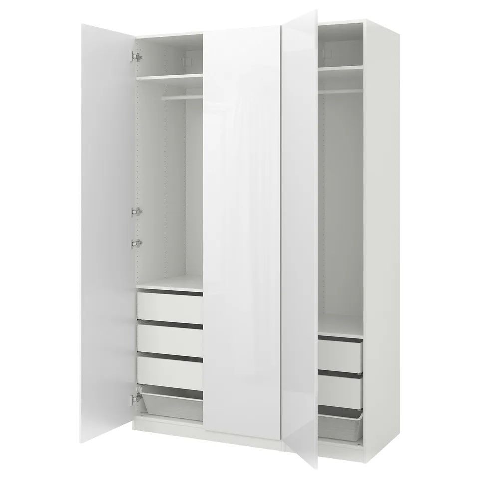 White PAX wardrobe, tall and slim, open doors reveal shelves and drawers.