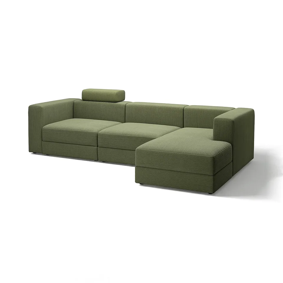 Modern green l-shaped sofa with removable cushions for comfort and storage.