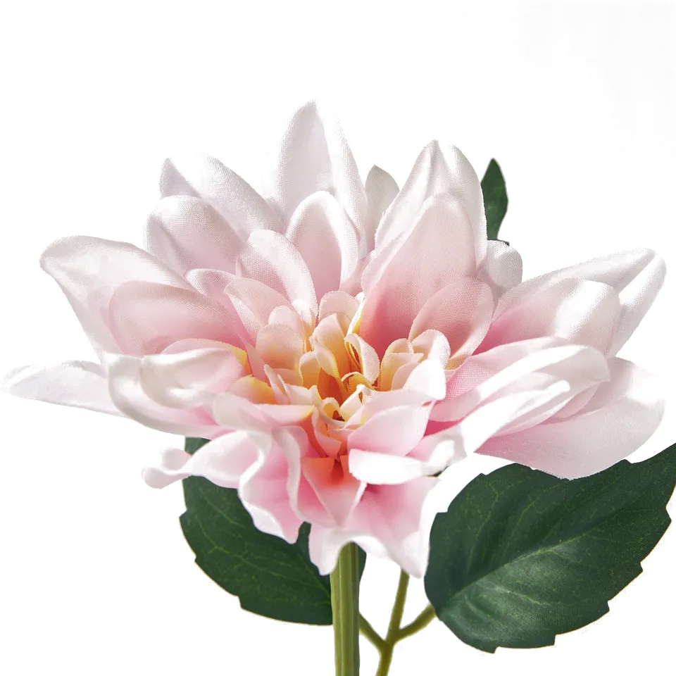 Close-up of vibrant, lifelike artificial dahlia; soft pink petals, green leaves, on stem; high-quality, realistic texture.