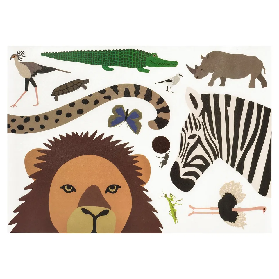 Illustrated safari stickers featuring lion, zebra, rhino, and other animals. Colourful, playful design for kids rooms.