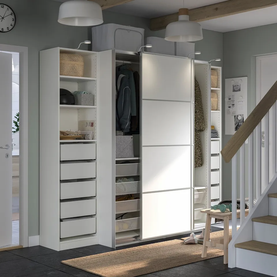 White modern closet with shelves, drawers, and hanging space.