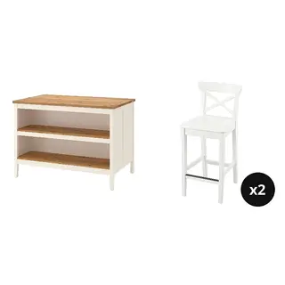 ROSENTORP/TORNVIKEN set: kitchen island + bar stool with backrest x2, off-white/oak + counter height/white, 126x77 cm