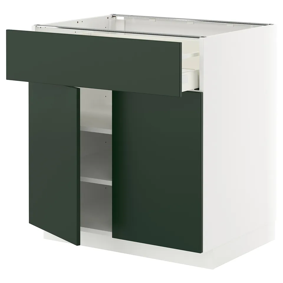 Modern shallow green METOD kitchen unit, square shape with drawer & shelves.