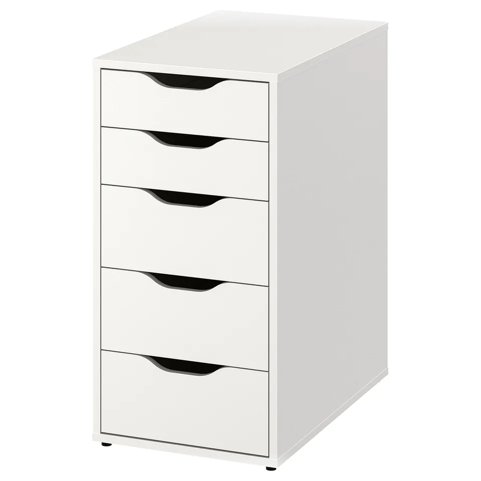 A LAGKAPTEN white storage unit with five drawers, sleek design, and black handles for organised storage.