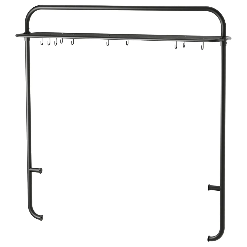 Black VADHOLMA kitchen rack, powder-coated steel, hooks for organising tools.