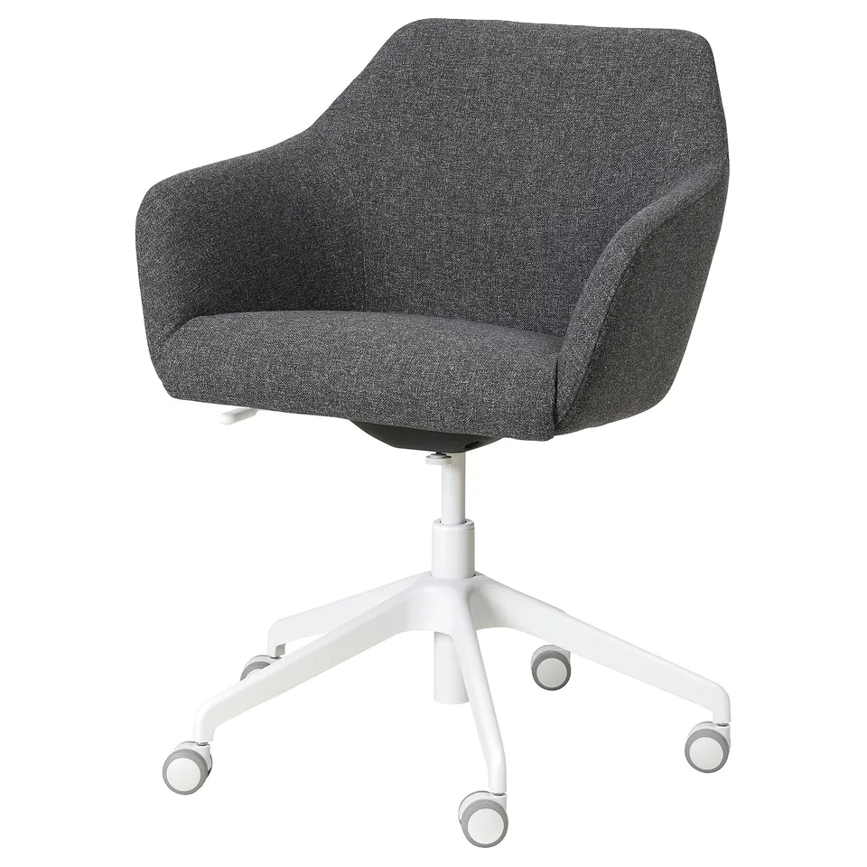 Image shows TOSSBERG grey office chair with soft padding, high back, and white swivel base with casters.