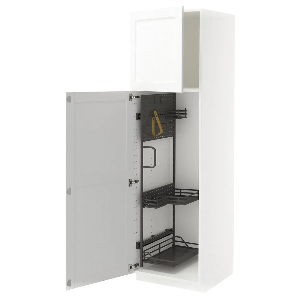 An open white METOD kitchen cabinet with metal storage organisers inside.