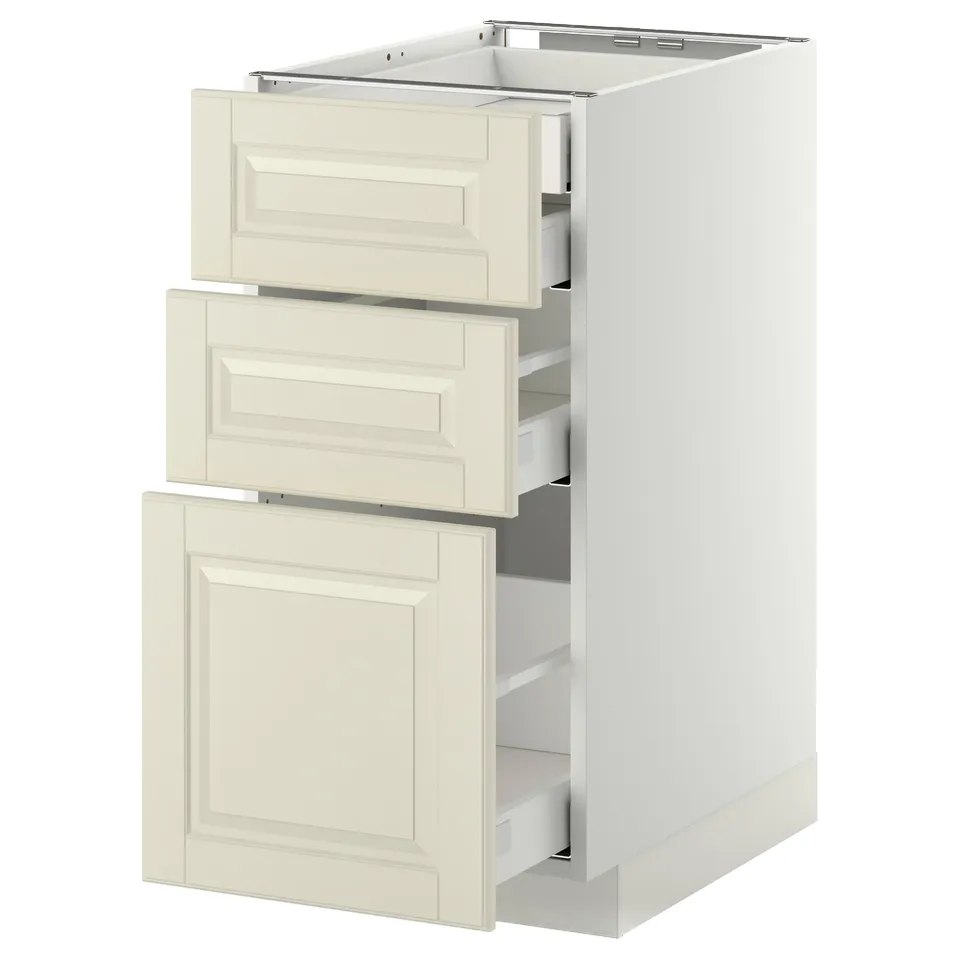 An off-white METOD kitchen cabinet with three drawers and a single door, featuring a traditional design with bevelled edges.