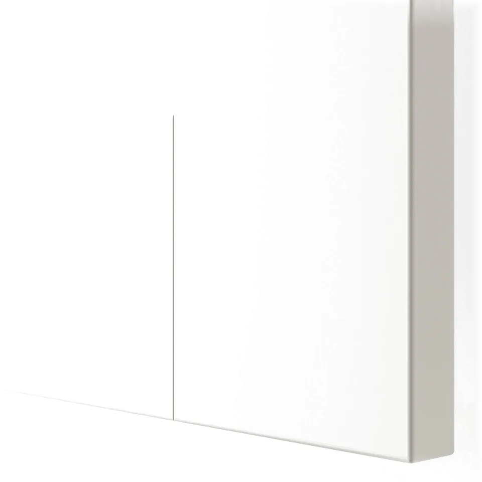 Modern white wardrobe with sleek surfaces, featuring two doors and integrated hinges.
