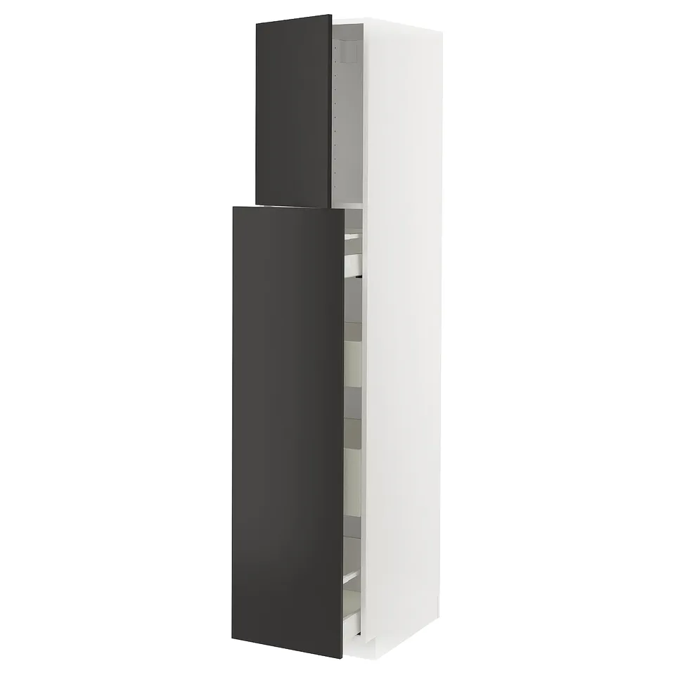 Modern black & white kitchen cabinet with soft-close drawers.