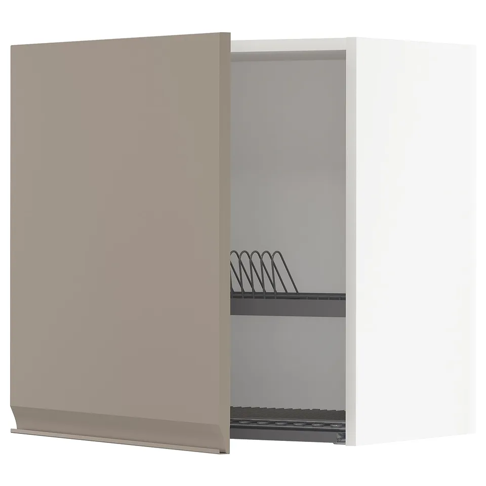 An open light grey-beige METOD kitchen cabinet with a wire dish rack inside.