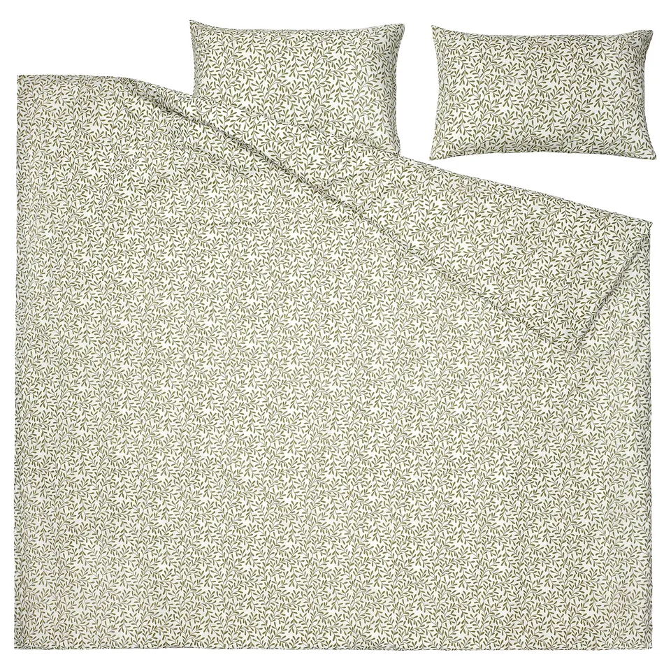SORGMANTEL bedding set in greenish hue, leaf pattern, recycled polyester & cotton. Includes flat sheet, duvet cover, and pillowcases.