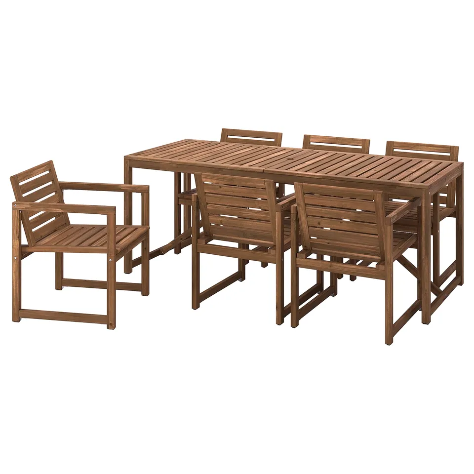 Brown NÄMMARÖ patio set includes rectangular table, four chairs with armrests. Crafted from sturdy acacia wood.