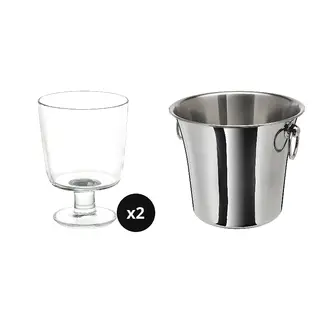 IKEA/SOLDRÄNKT set: goblet + wine cooler, clear glass + stainless steel, 30 cl