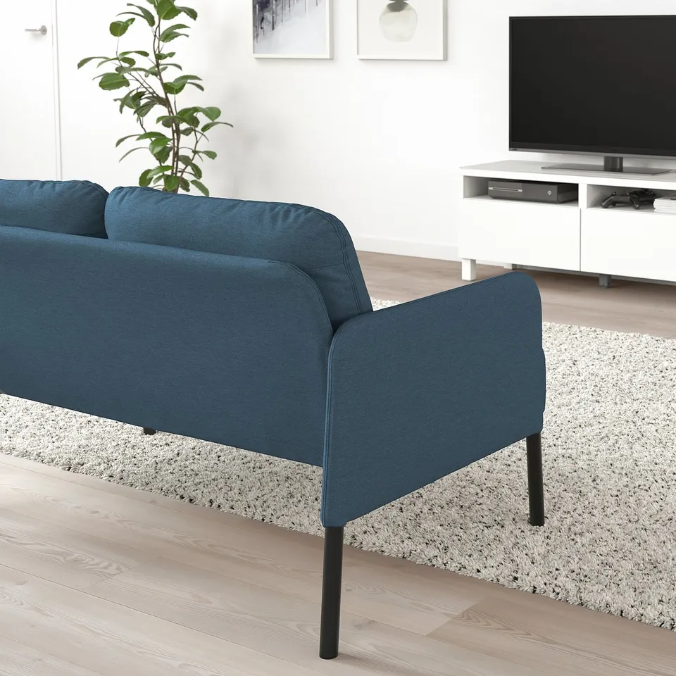 Modern living room with blue GLOSTAD sofa, plant, tv, & rug. Sofas compact, comfy design contrasts with expansive decor.