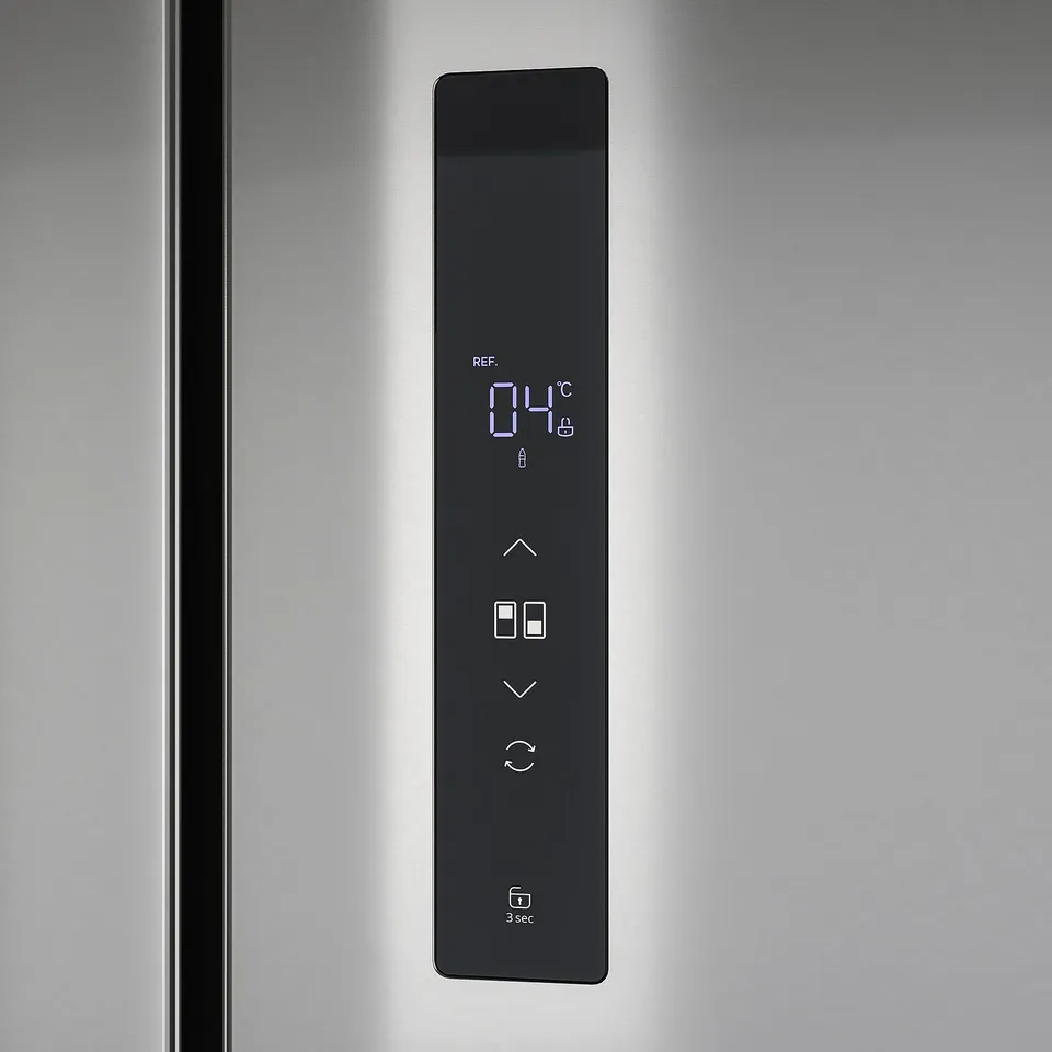 Digital control panel of RIBBENÅS fridge with temperature settings and mode controls.