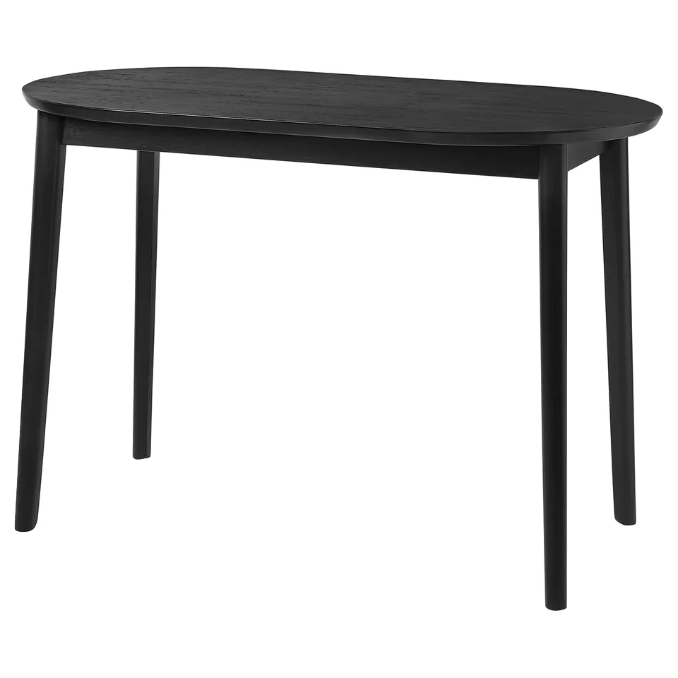 Black oval counter-height table with tapered legs, sleek and modern design, made from sturdy rubberwood, perfect for dining or entertaining.