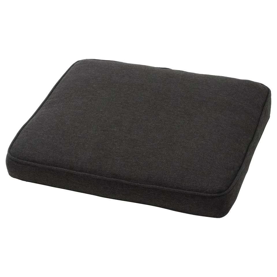 Black rectangular seat cushion with smooth texture, evenly padded, ideal for outdoor seating.