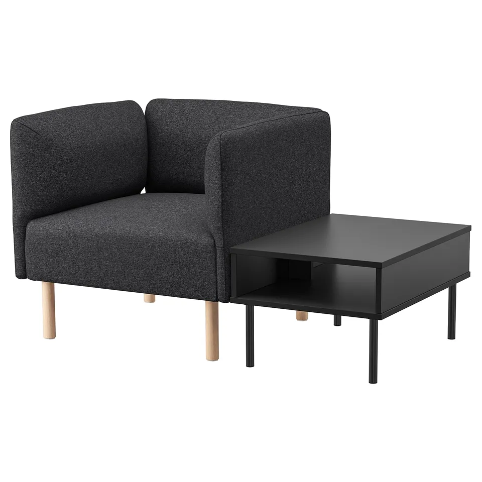 Modern dark grey LILLEHEM modular sofa with wooden legs and a black side table.