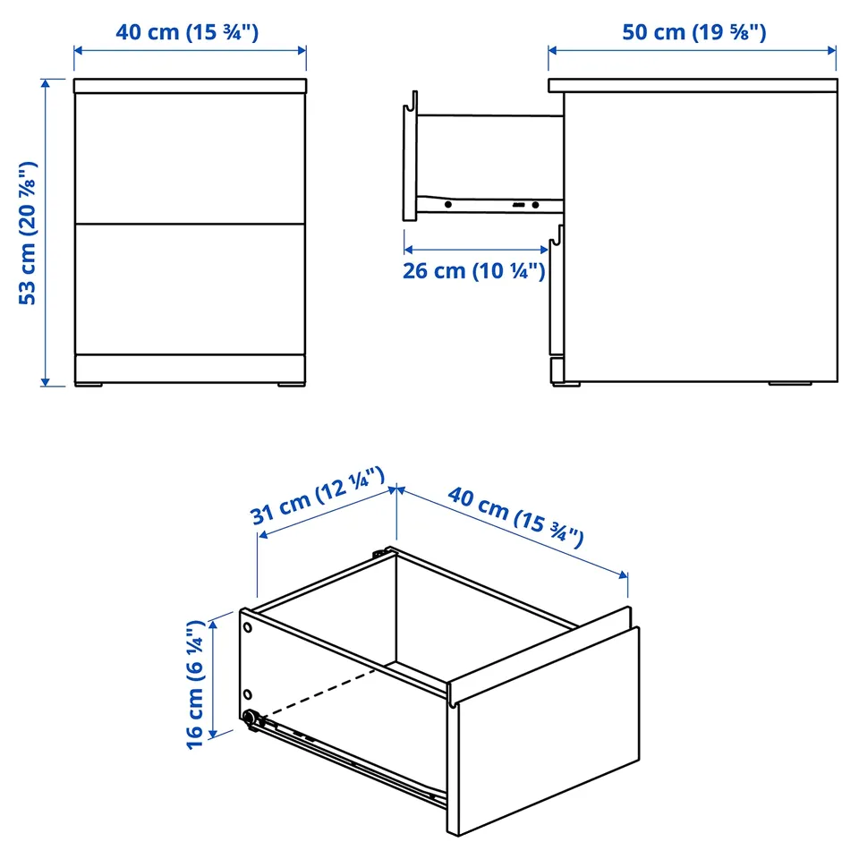 STORKLINTA Chest of 2 drawers, white/with 2 drawers, 40x50x53 cm