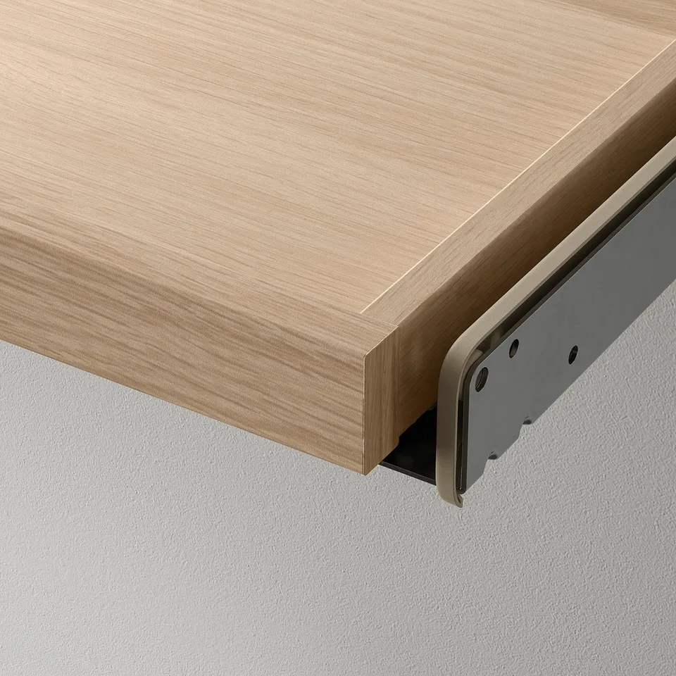 Close-up of a wooden tray with metal rail gliding mechanism, showcasing high-quality finish and craftsmanship.