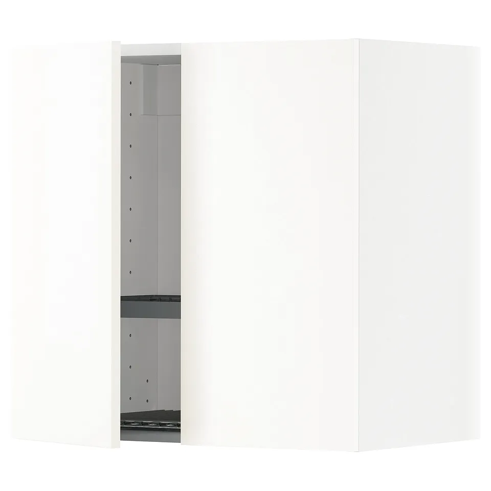 White wall-mounted storage unit, tall and slim, part of the METOD kitchen system, featuring snap-on hinges and adjustable shelves.