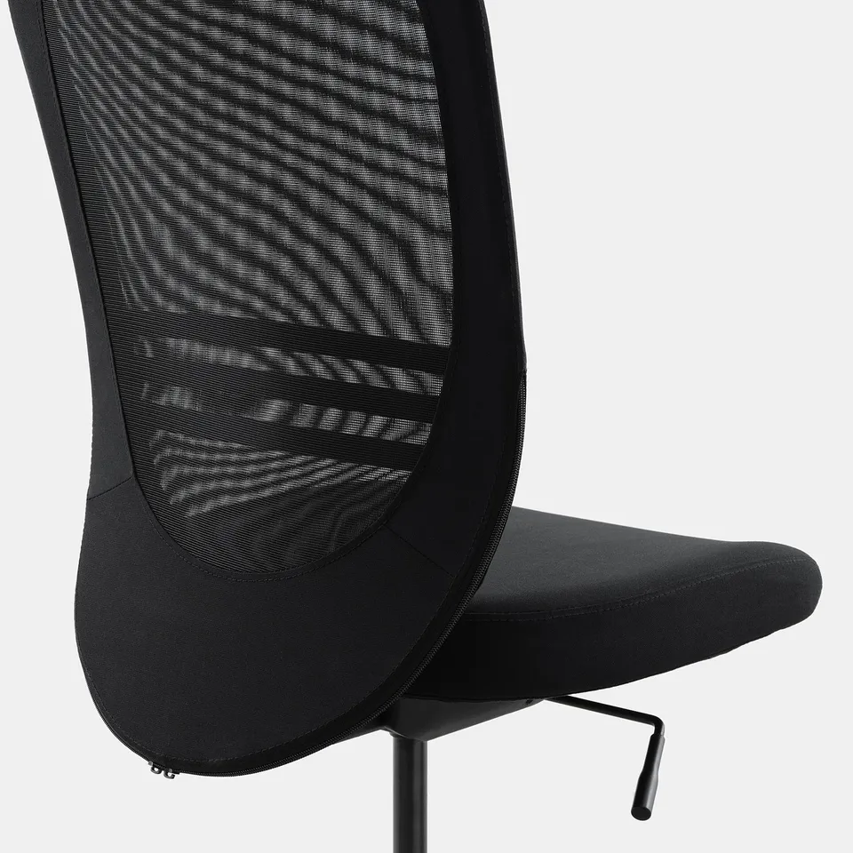 Ergonomic office chair with mesh back, black fabric seat, and metal base.