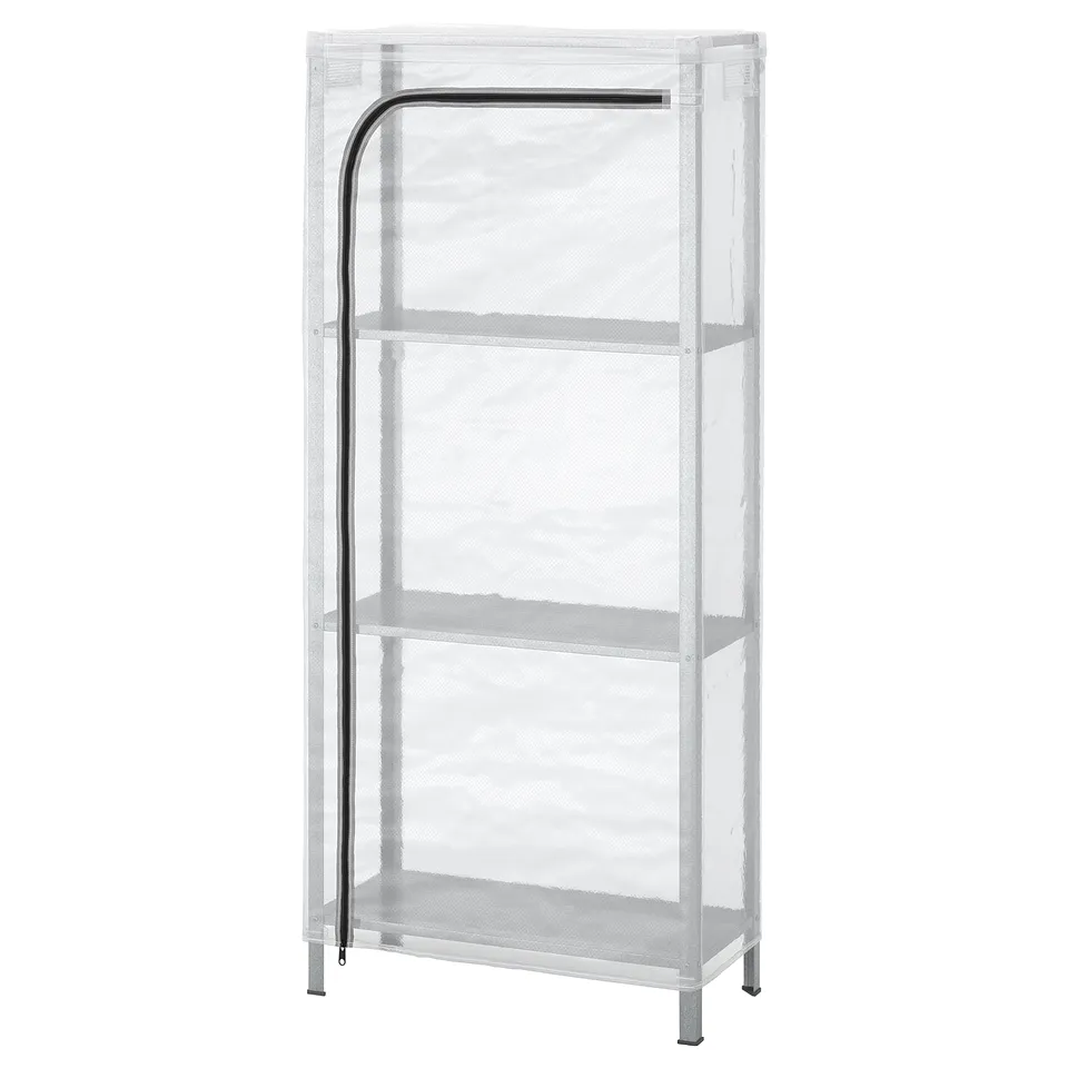A HYLLIS shelf with transparent cover, white, galvanised steel, plastic feet, air circulation, small greenhouse.