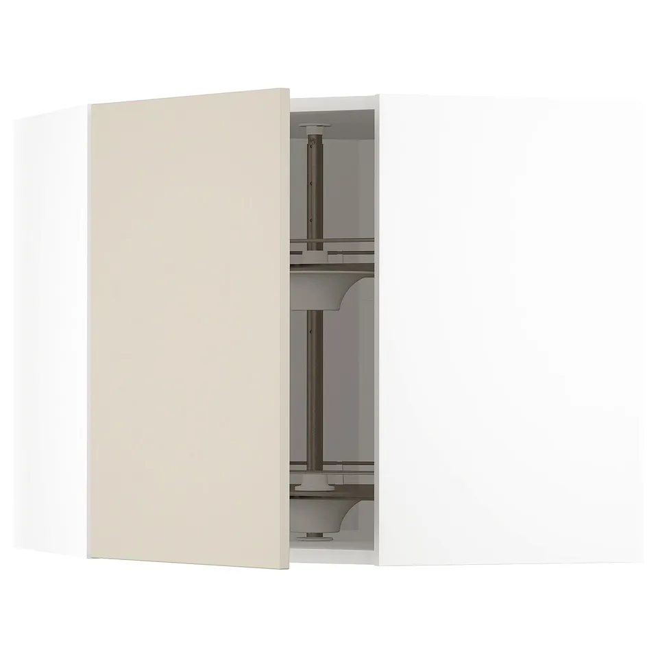 METOD kitchen system: beige cabinet with glass shelf, adjustable,x-shaped frame.