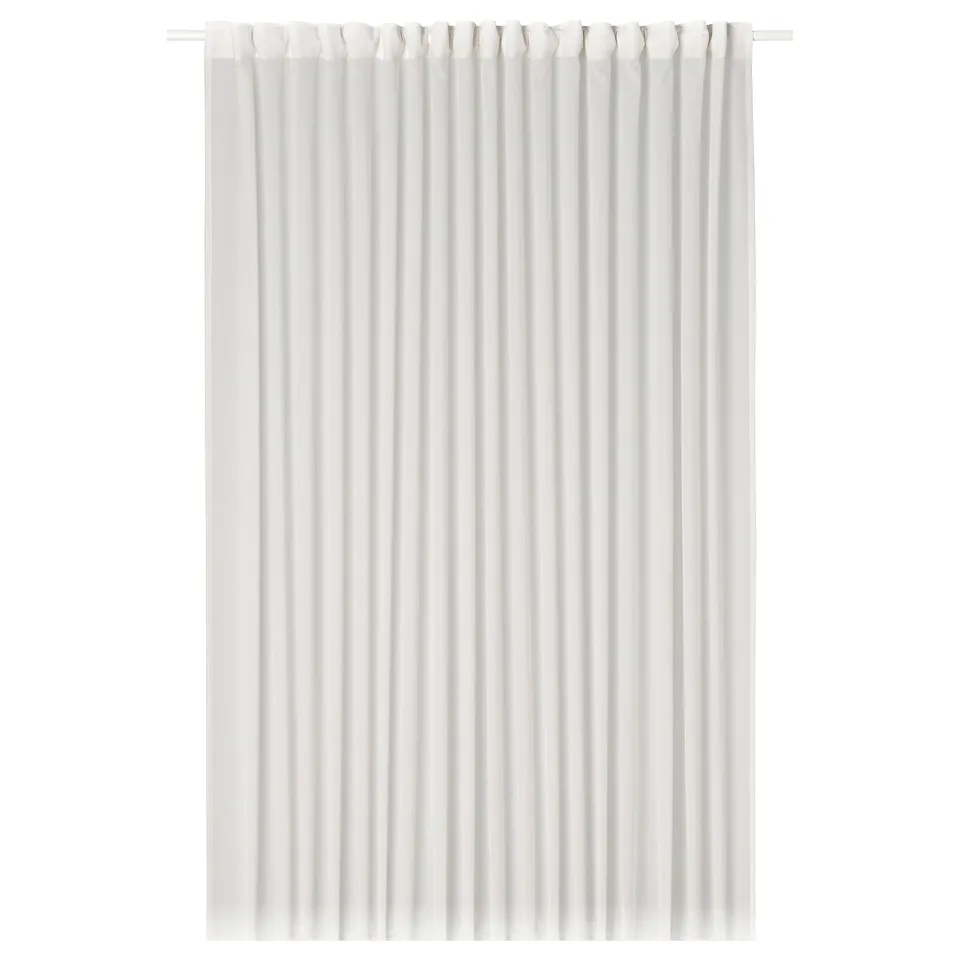 Snowy white sheer curtain, vertically rectangular, hangs straight with gathered top, made from recycled polyester.
