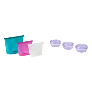 FILFISK/PRUTA set: 3-piece resealable bag set + food container with lid, multicolour/silicone + lilac, 1.0/1.2/2.5 l