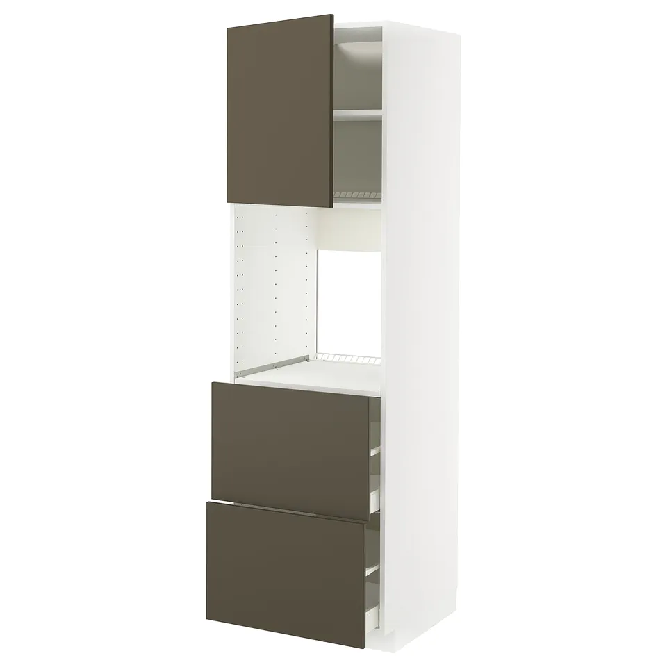 An ikea METOD kitchen unit in white and dark brown. It cabinets and drawers with a sleek, modern design.