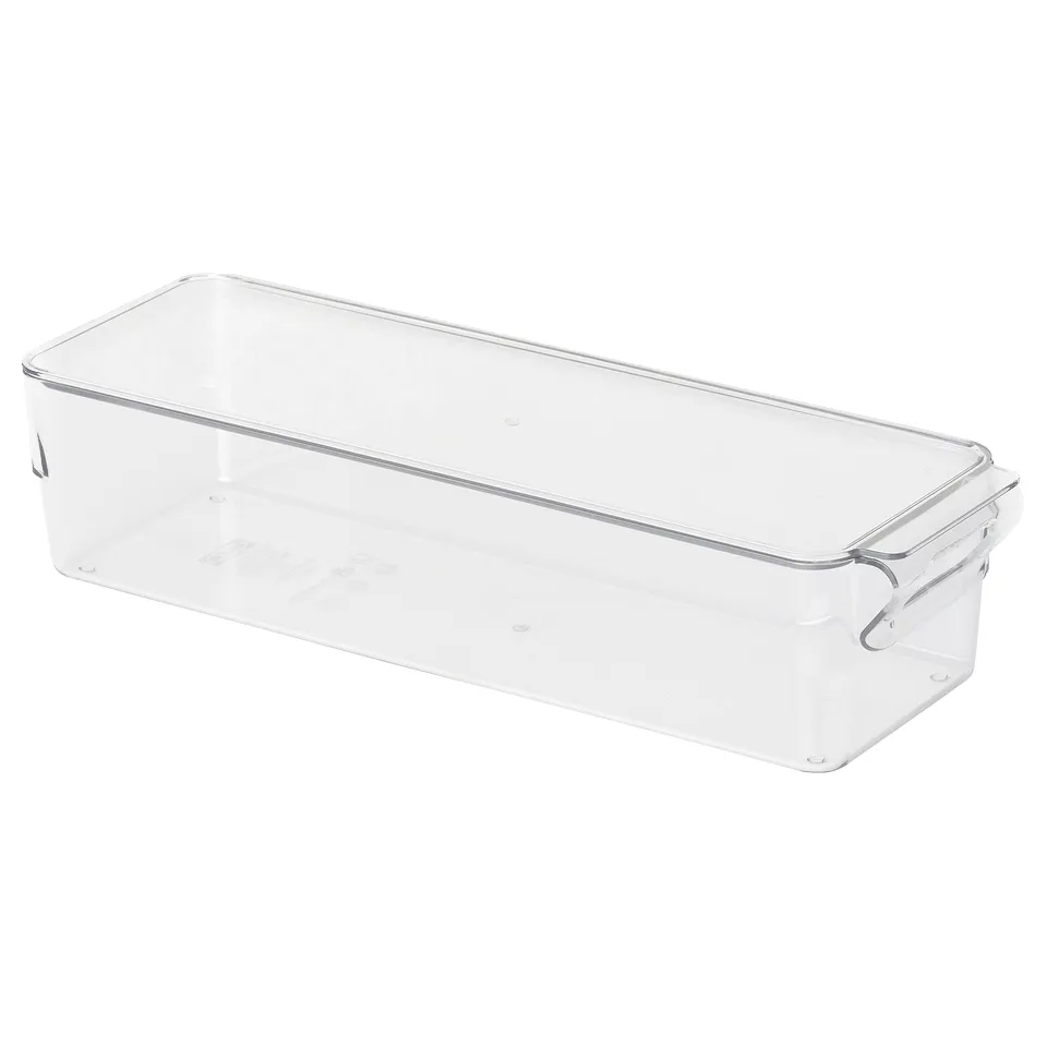 KLIPPKAKTUS: clear, rectangular storage box with lid, made of san plastic, built-in handle.