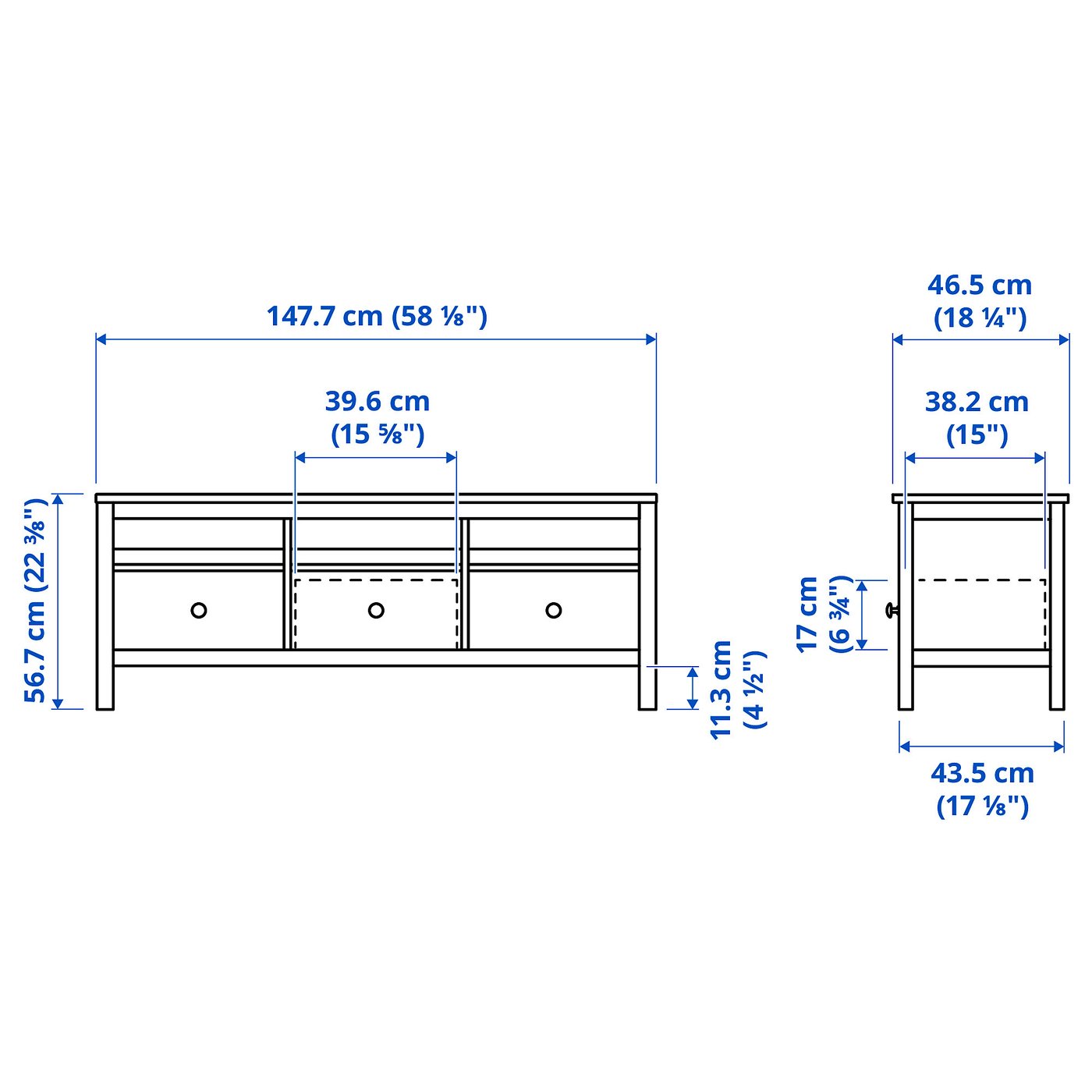 Illustration with measurements for the product: HEMNES.