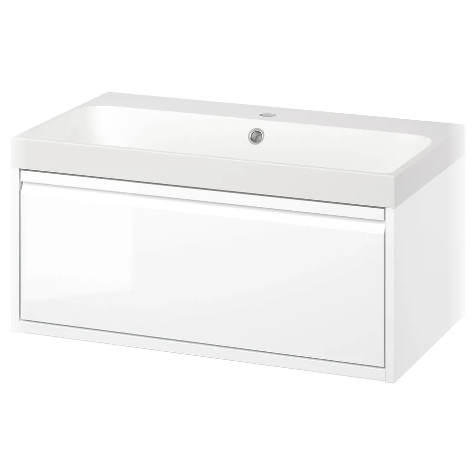ÄNGSJÖN white bathroom cabinet, wall-mounted with minimalist design, single full drawer, sleek white basin, modern clean look.
