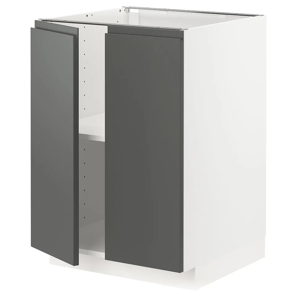 Modern METOD kitchen cabinet in dark grey with two doors, white interior, adjustable shelves.
