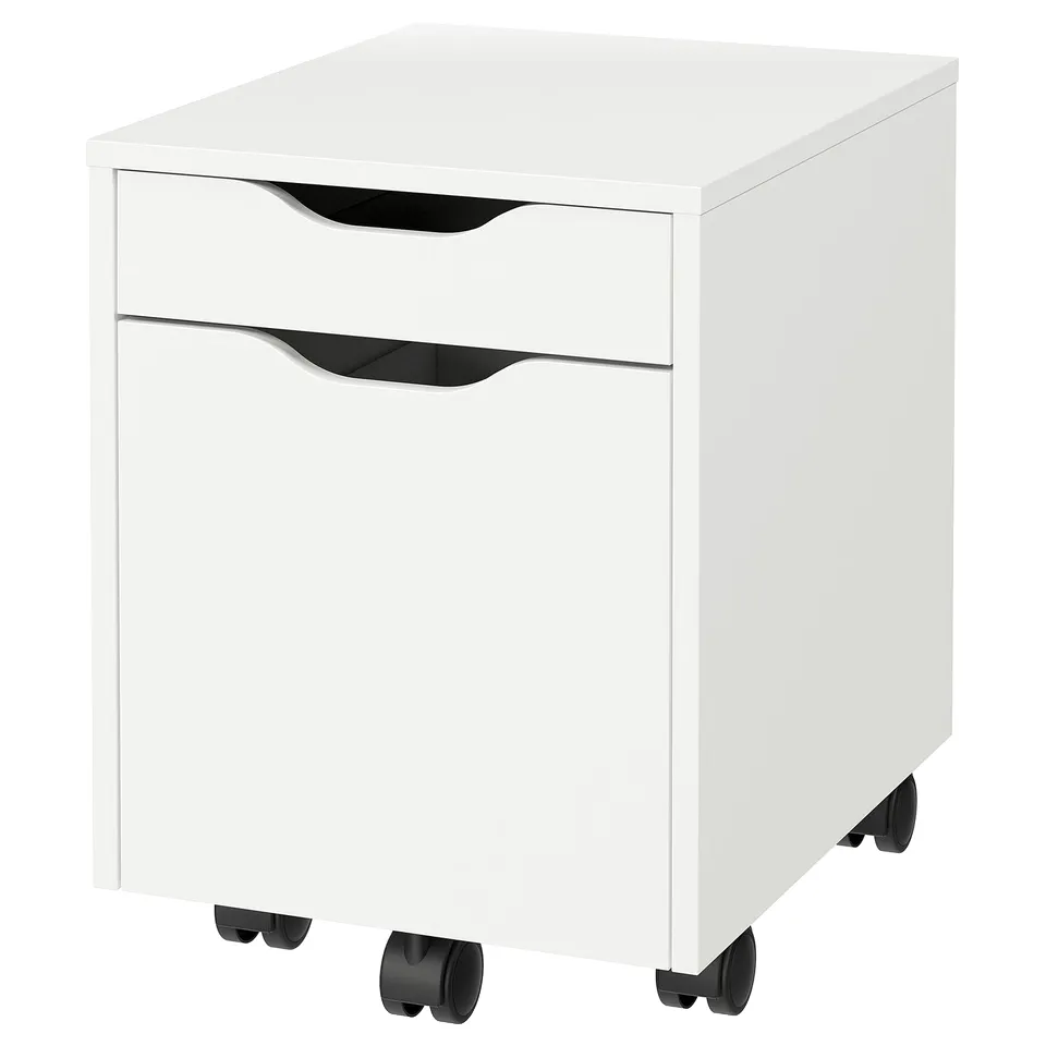 White ALEX filing cabinet with two black handles and casters; sleek, rectangular design for easy movement.