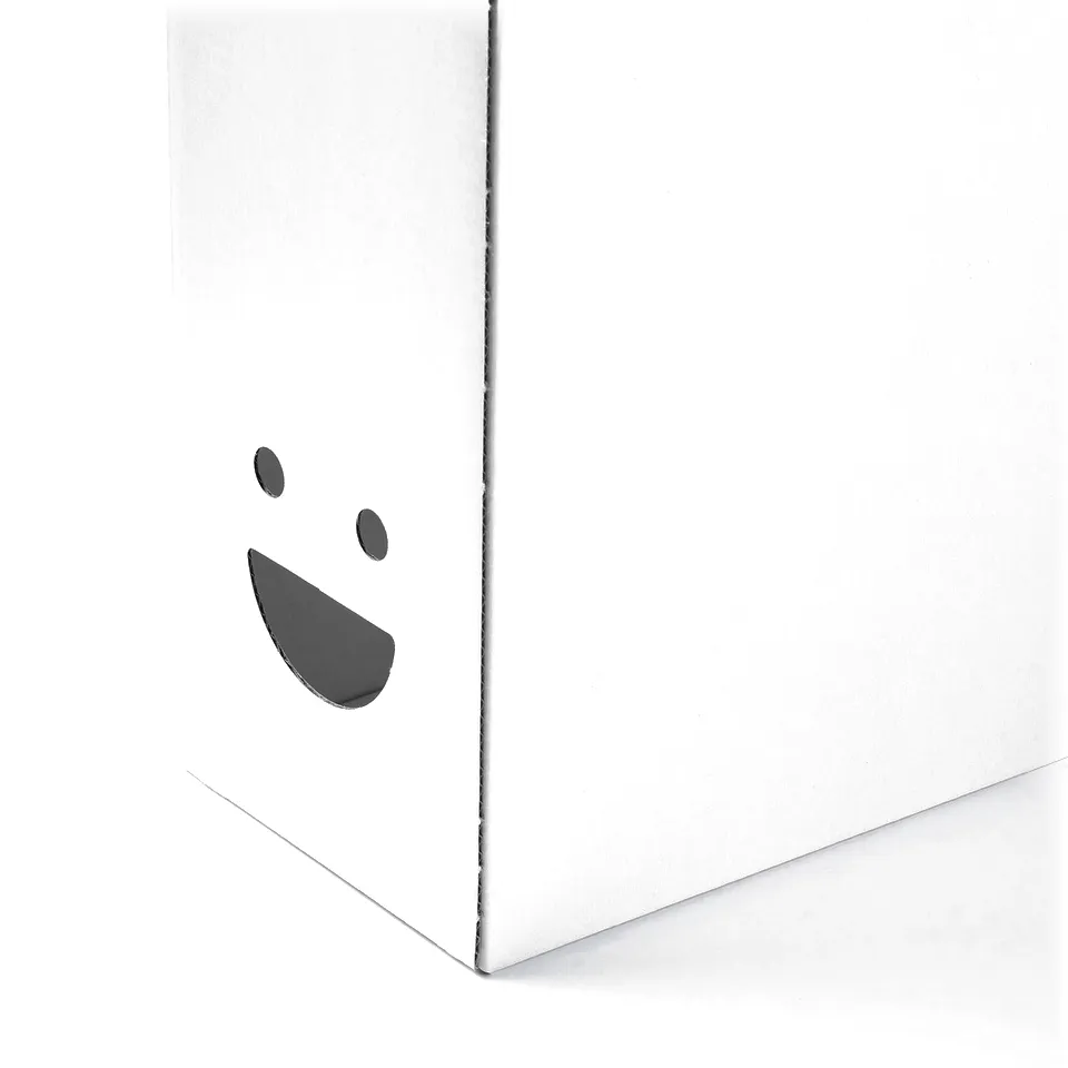 Cardboard magazine file, smiling face detail, crease-free quality.