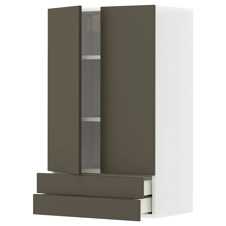 Ikea METOD: dark brown cabinet, white interior, shelf, 2 drawers, modern design.