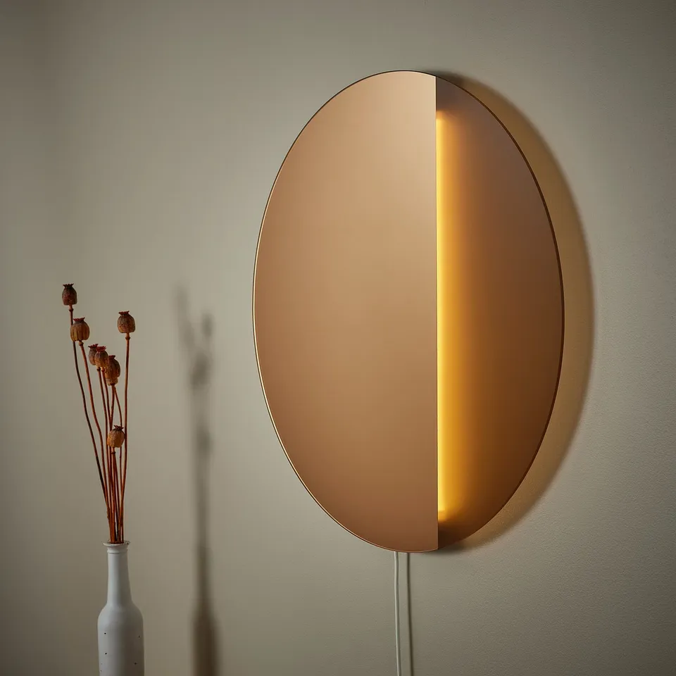 Wall-mounted oval lamp with bronze glass and warm light.