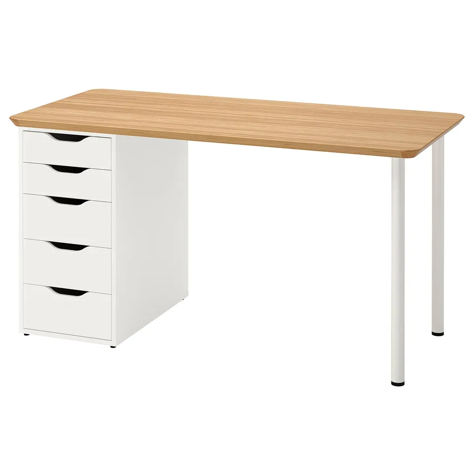 Anfaller white desk with five drawers, light wood top, adjustable legs, simple, modern design.