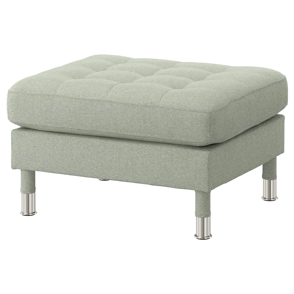The LANDSKRONA footstool is light grey, rectangular, with chrome legs and tufted fabric top.