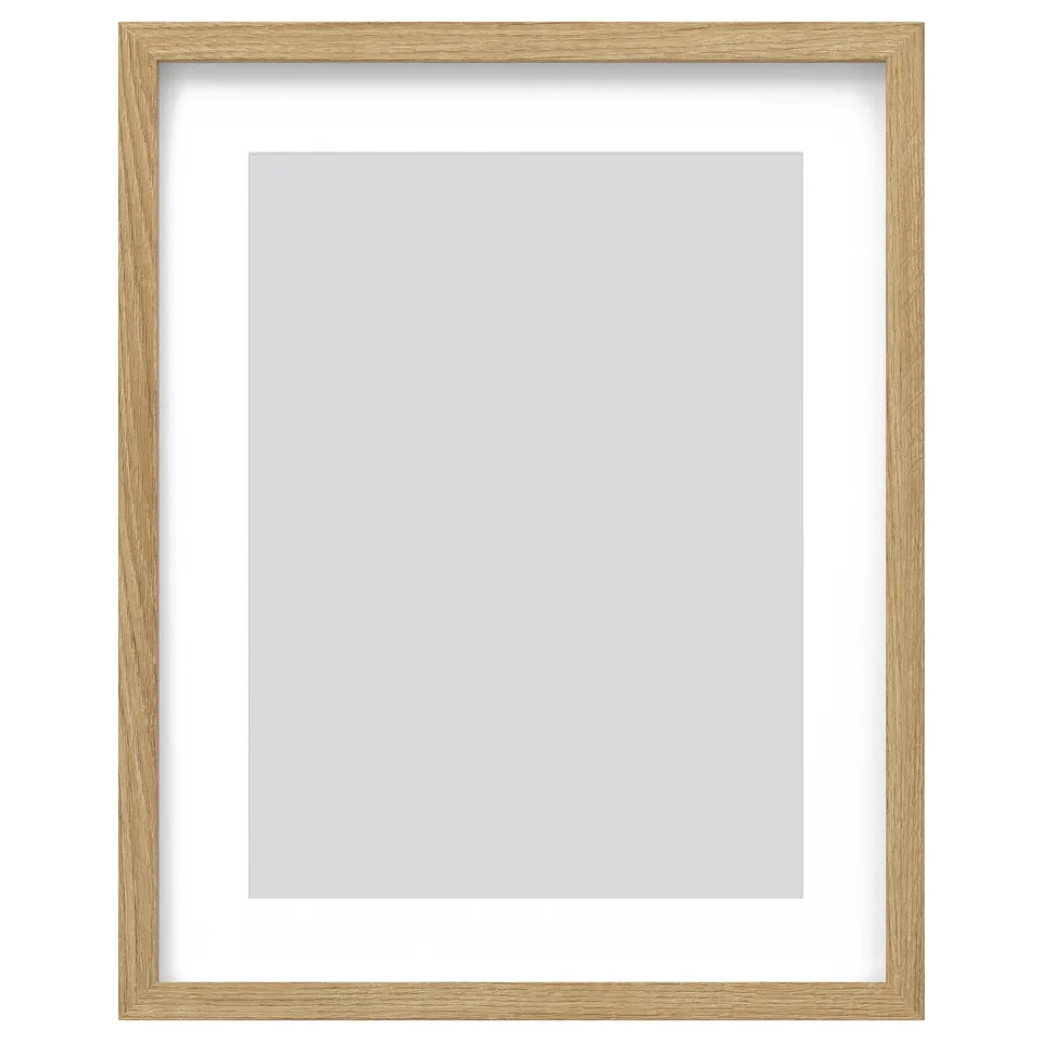 Golden wooden picture frame with clear glass, rectangular shape, simple design.