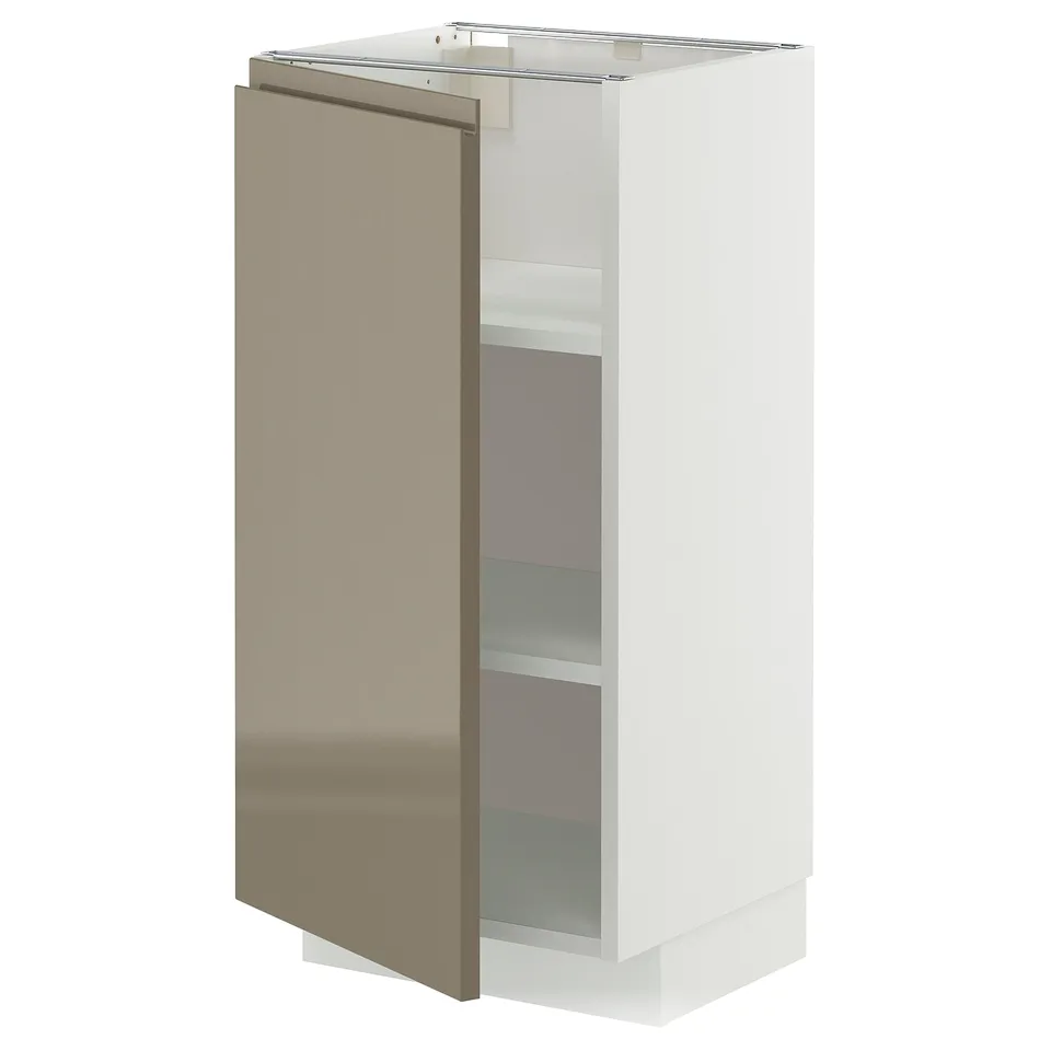 White high-gloss kitchen cabinet with dark grey-brown doors and integrated handles.