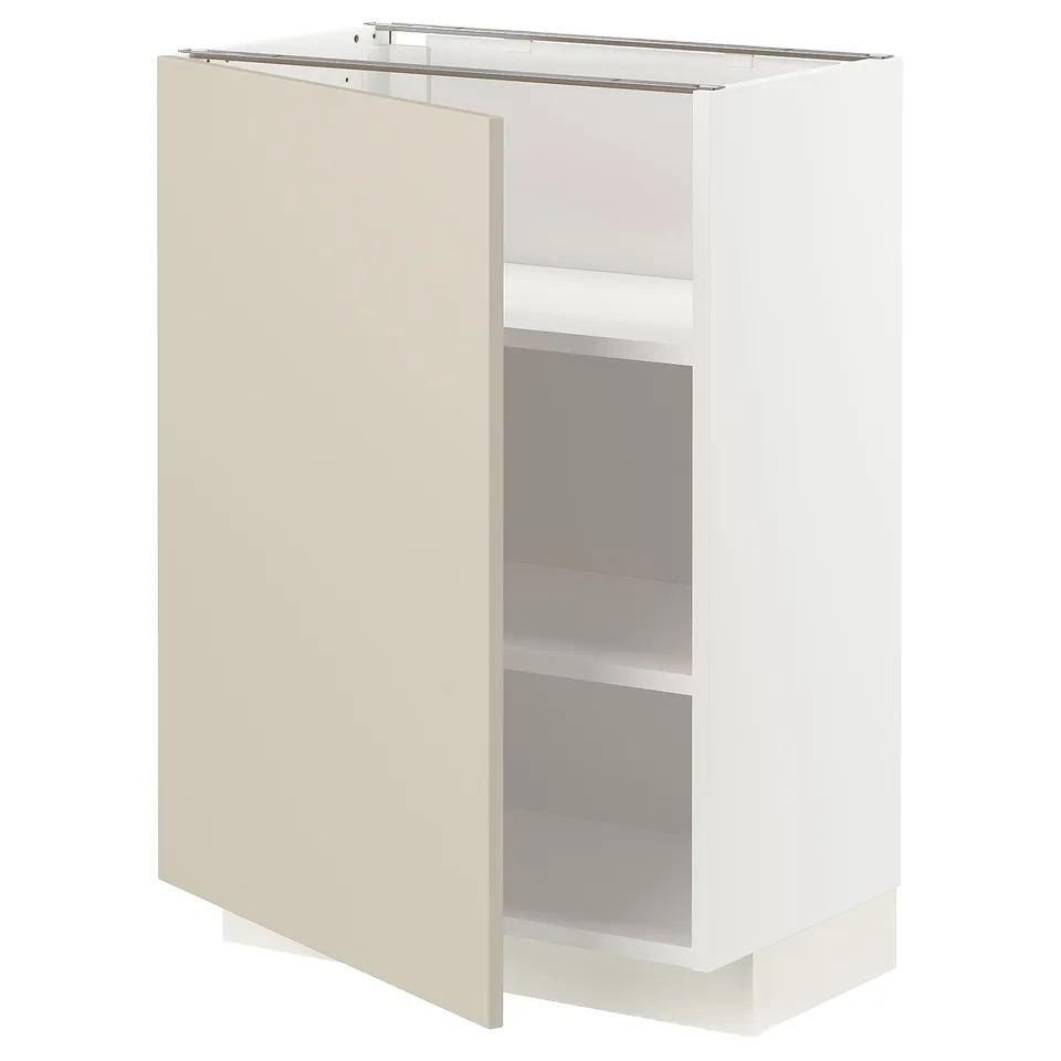 A beige ikea METOD kitchen cabinet with a white frame and three shelves. It a modern, minimalist design.