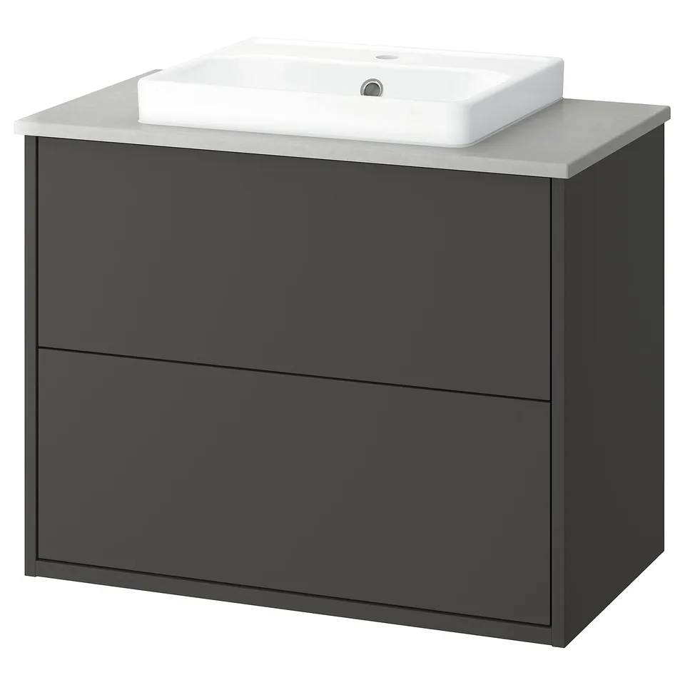 Dark grey bathroom vanity, modern design. Includes drawer storage and a white ceramic basin.