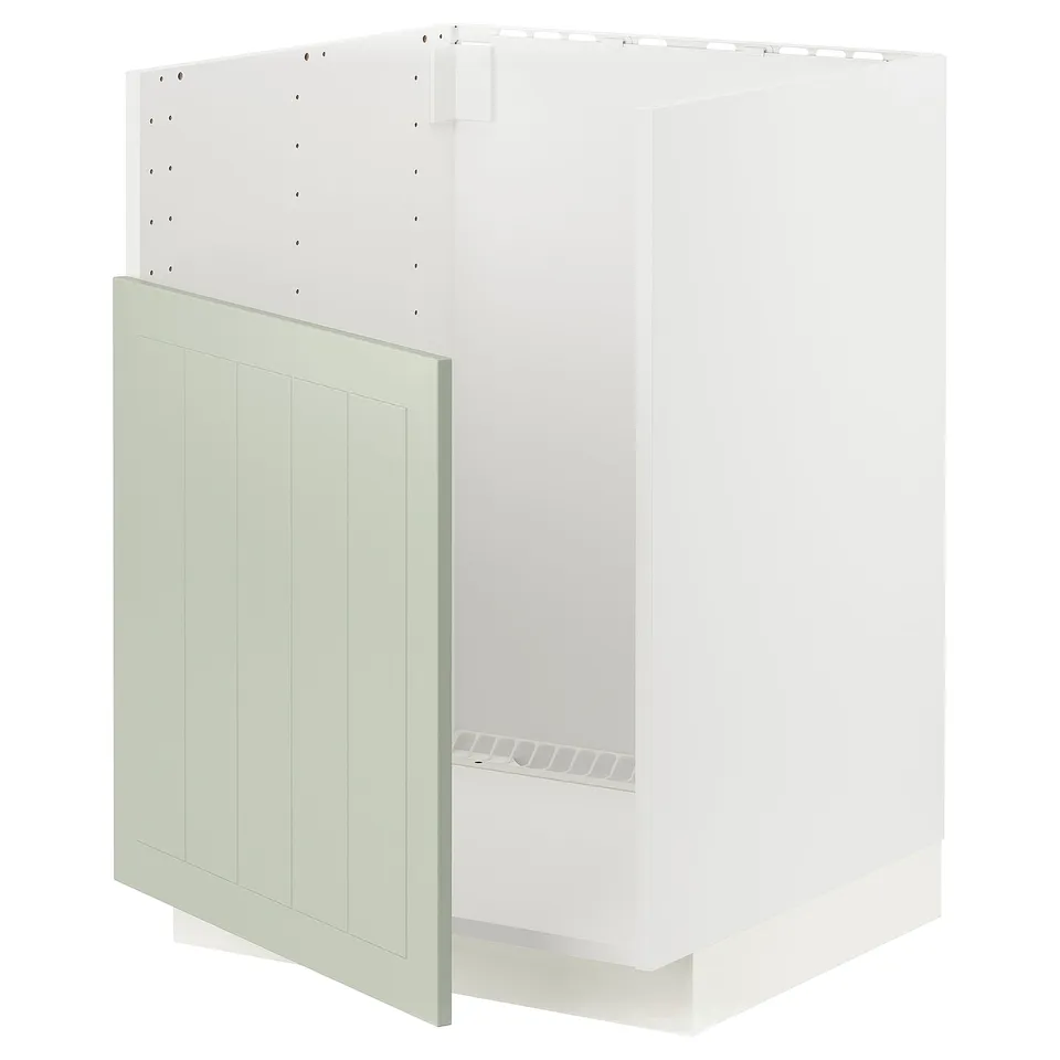 METOD kitchen cabinet with green stensund fronts, white frame, vertical groove design.