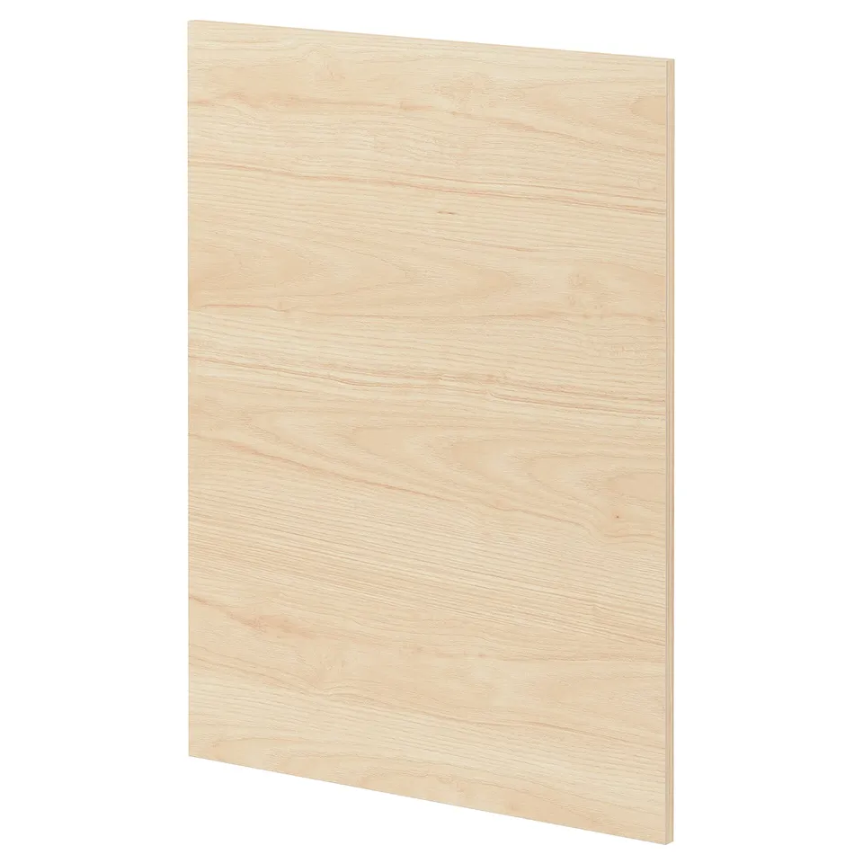 A light wooden panel, rectangular METOD kitchen door with ash grain pattern.