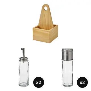 CHOKLADHAJ/CITRONHAJ set: portable organiser + oil/vinegar bottle x2 + spice mill x2, wood + clear glass/stainless steel, 12x11 cm