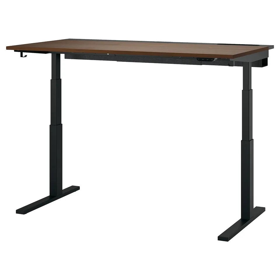 MITTZON sit-stand desk: wood top, black frame, adjustable height.